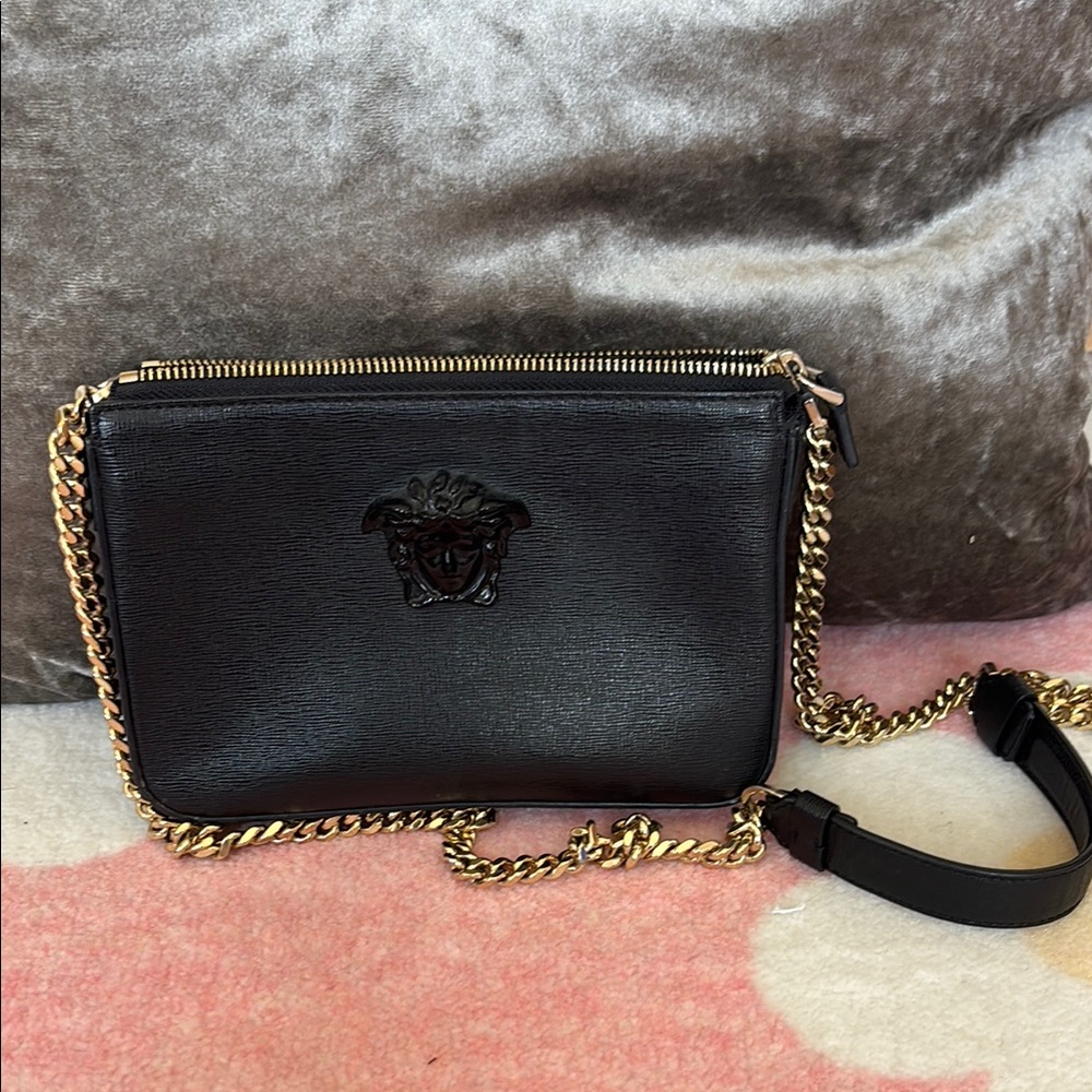 Versace Black and Gold Crossbody Bag with Medusa Emblem